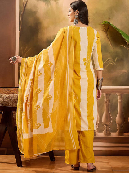 Dhiyona SN Women's Striped Pure Cotton Straight Kurta & Trousers With Printed Dupatta