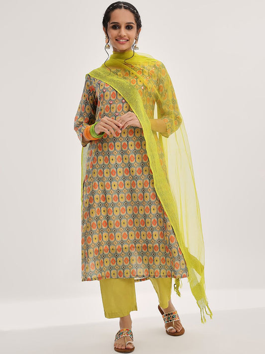 Dhiyona VA Women'sLime Green Ethnic Motifs Printed Mirror Work A-Line Kurta & Trousers With Dupatta