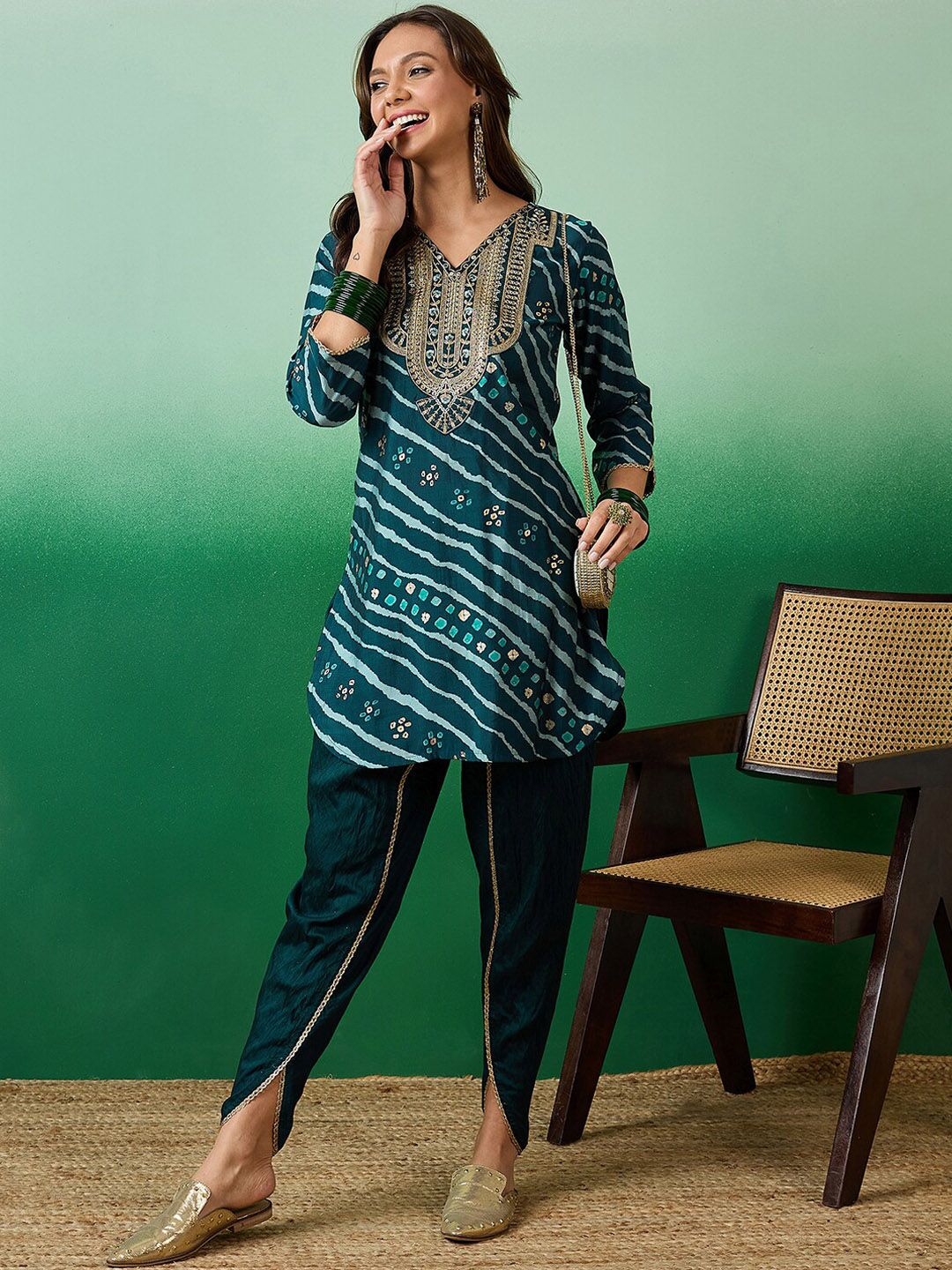 Dhiyona SN Women's Sequence Embroidered V-Neck Kurti With Dhoti Pant