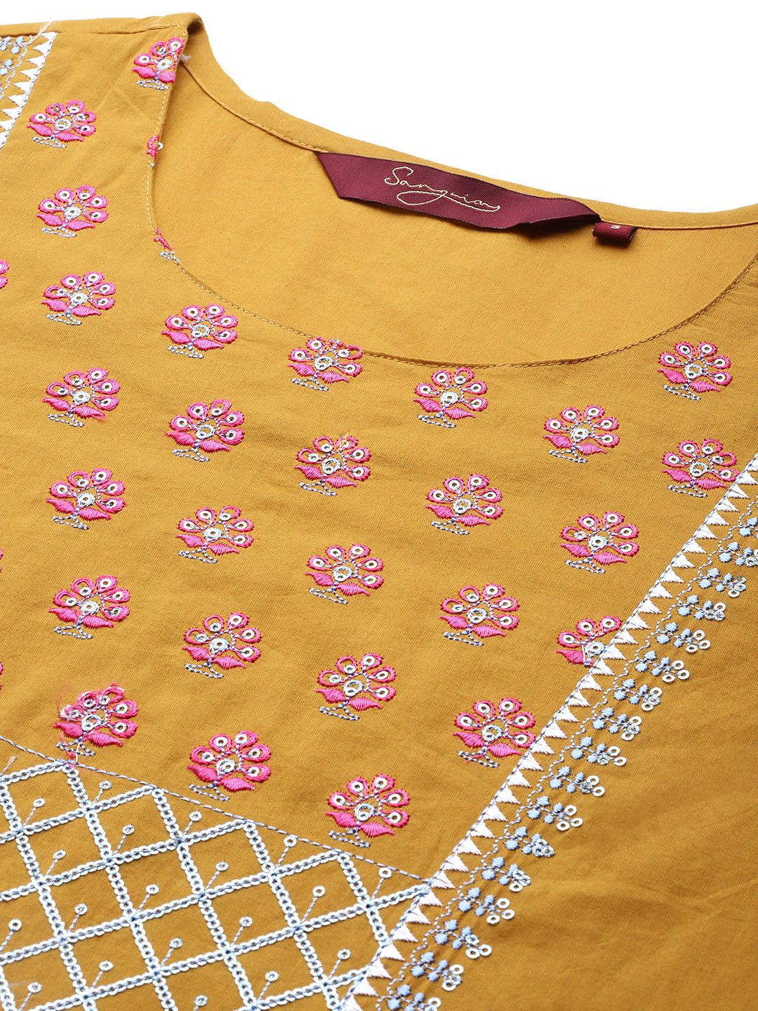 Dhiyona SN Women's Mustard YellowYoke Design Mirror Work Cotton Kurta with Palazzos & Dupatta