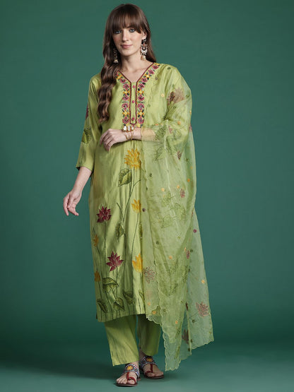 Floral Embroidered Thread Work Kurta with Trousers & With Dupatta