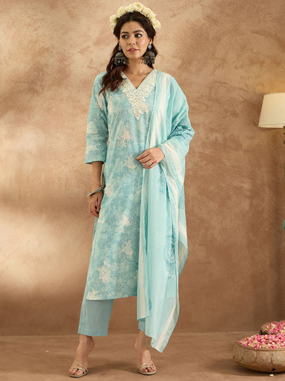 Dhiyona IE Women Floral Embroidered Pure Cotton Kurta with Trousers & Dupatta
