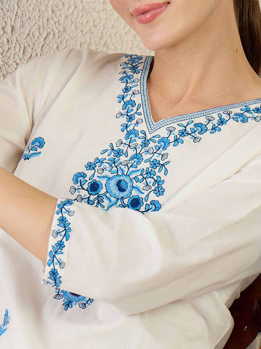 Women Floral Embroidered Cotton Kurta with Trousers & Dupatta