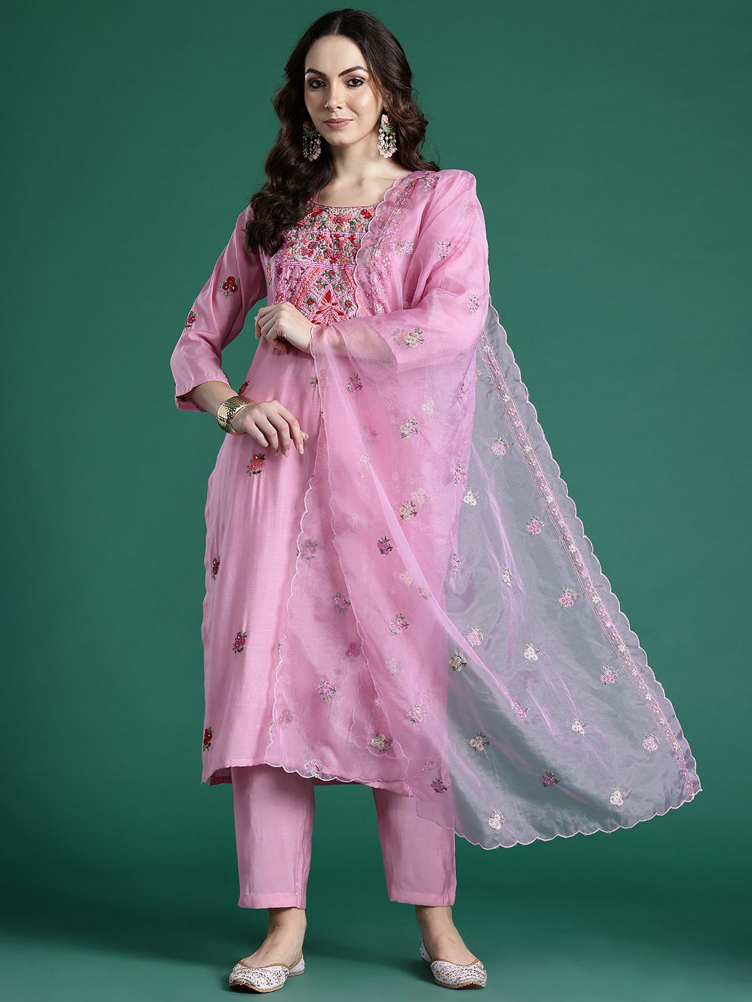 Floral Embroidered Kurta with Trousers & Dupatta