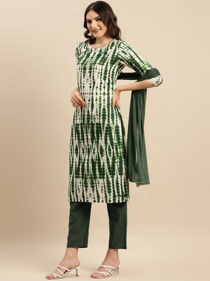 Dhiyona VA Women'sGreen Shibori Printed Sequinned Pure Cotton Kurta With Trousers & Dupatta
