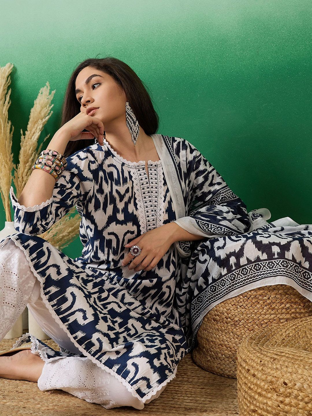 Dhiyona SN Women's Printed Pure Cotton Straight Kurta With Trousers & Dupatta