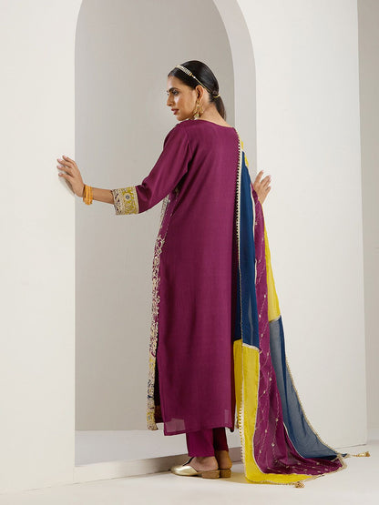 Dhiyona IS Women's Purple Ethnic Motifs Embroidered Chinon Straight Kurta With Trousers & Dupatta