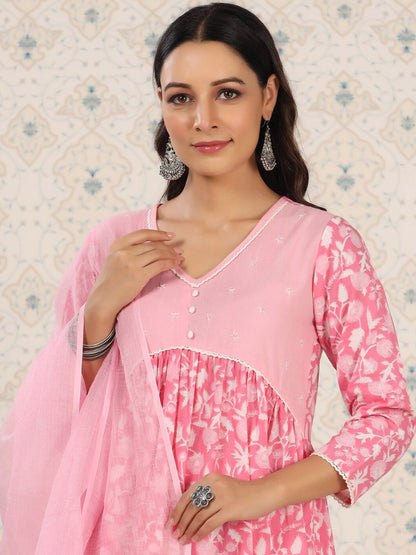 Dhiyona OD  Floral Printed Empire Pure Cotton Kurta with Pyjamas & Dupatta