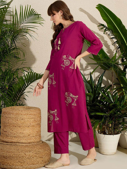 Dhiyona IE Women's Women Embroidered Regular Pure Cotton Kurta with Trousers
