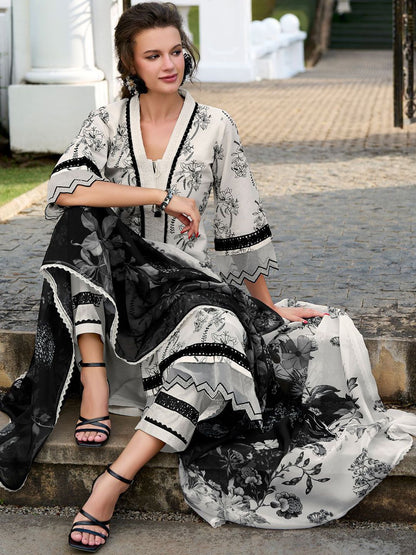 Floral Embroidered Regular Thread Work Pure Cotton Kurta & Trousers With Dupatta