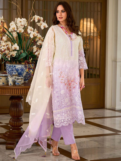Floral Embroidered Sequinned Straight Organza Kurta With Trousers And Dupatta