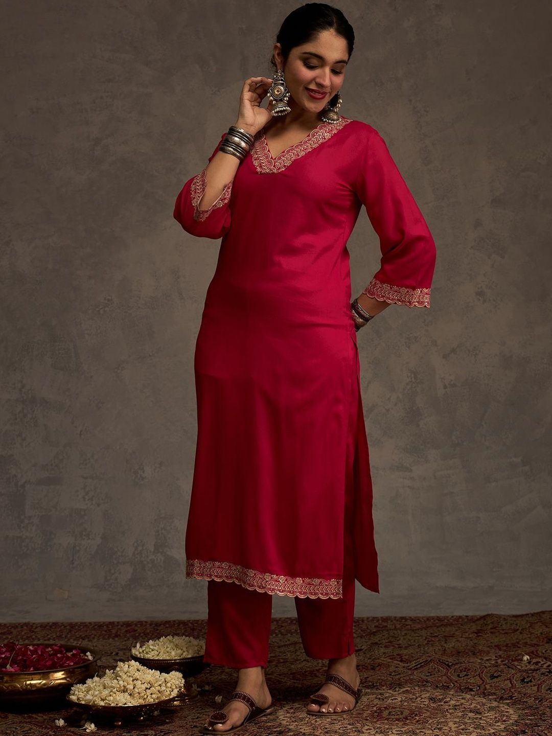Embroidered Viscose Rayon Straight Thread Work Kurta With Trousers
