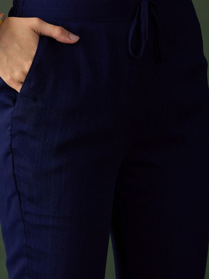 Women's Navy Blue Ethnic Motifs Embroidered A-Line Kurta With Trouser & Dupatta