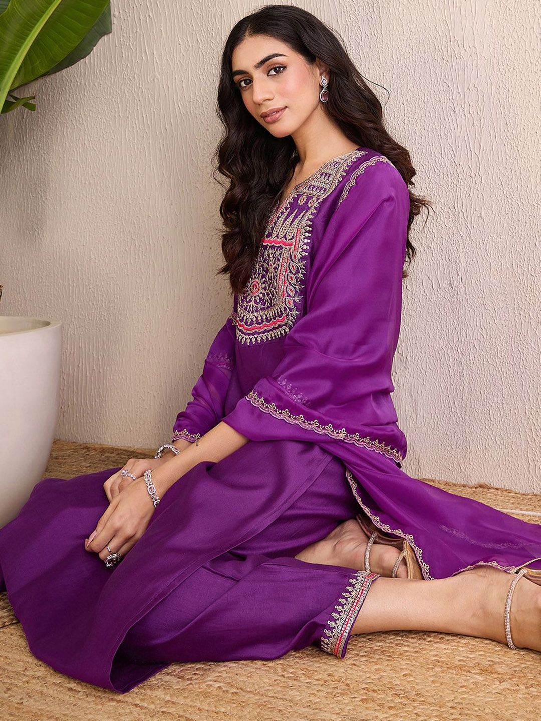 Women Ethnic Motifs Yoke Design Regular Liva Kurta with Trousers & With Dupatta