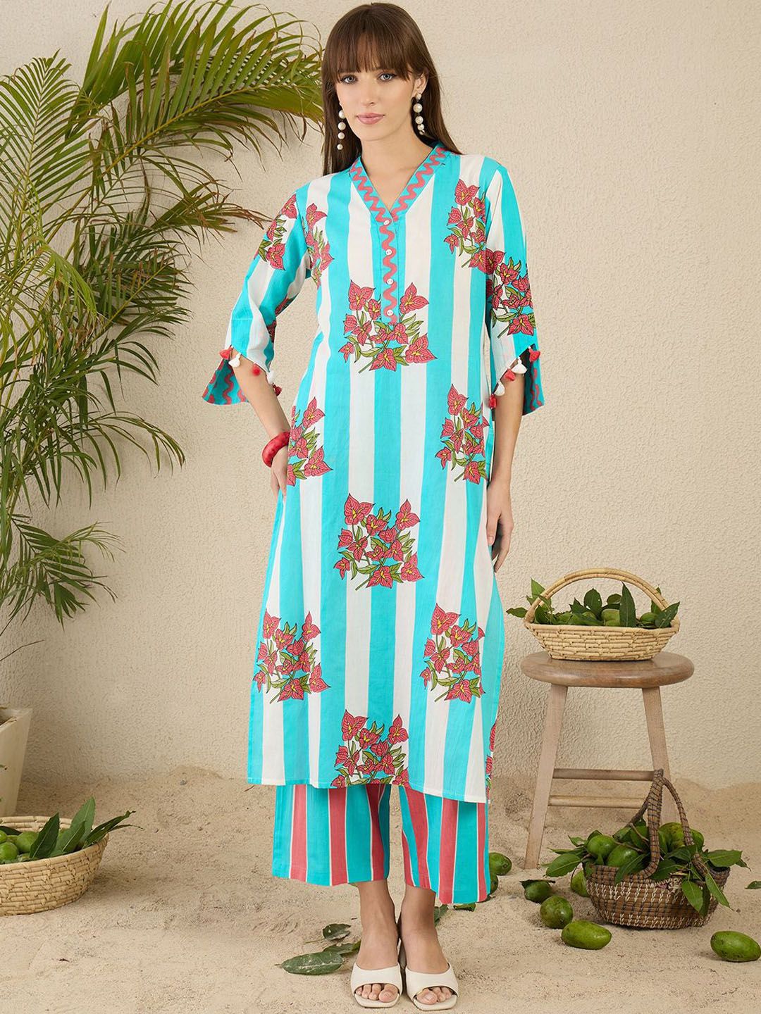 Dhiyona IE Printed Pure Cotton Straight Tunic & Trousers Co-Ord Set