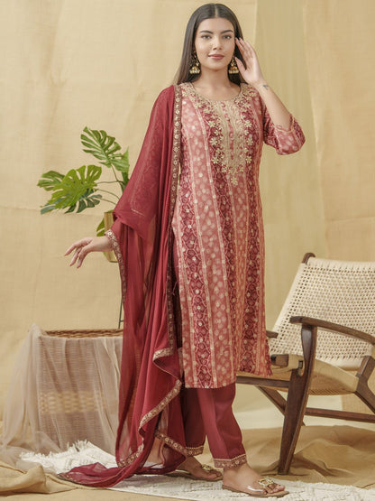 Dhiyona PD Women Bandhani Printed Thread Work Linen Kurta With Trousers & Dupatta