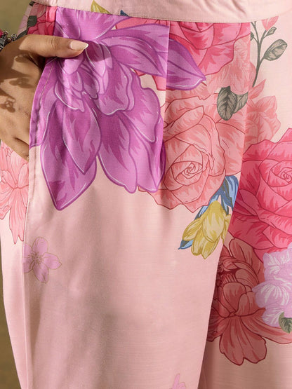 Dhiyona IE Floral Printed V-Neck Straight Kurta with Trousers