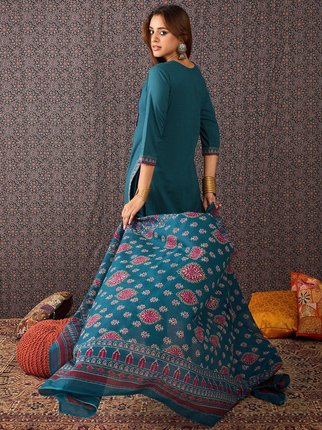 Floral Embroidered Thread Work Pure Cotton Straight Kurta With Trouser & Dupatta