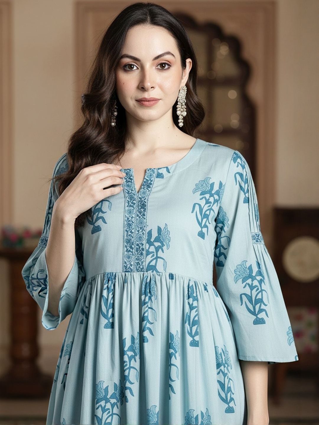 Floral Printed Empire Notch Neck Pure Cotton A-Line Kurta With Palazzos