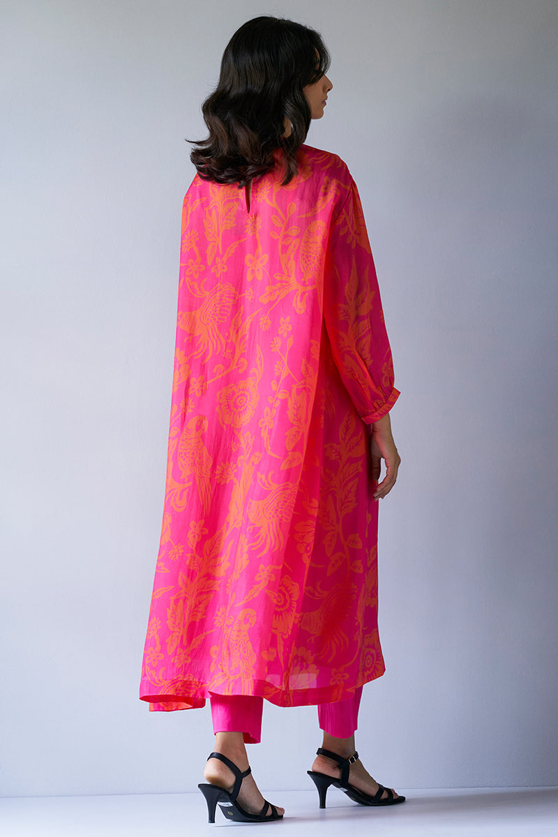 Women's Hot Pink and Orange Bemberg Silk Printed Co-ord Set