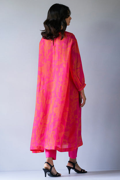 Women's Hot Pink and Orange Bemberg Silk Printed Co-ord Set