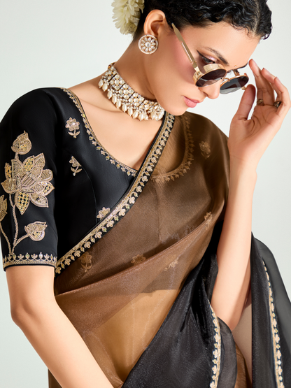 Dhiyona KM Women Black & Brown Shade Organza Saree