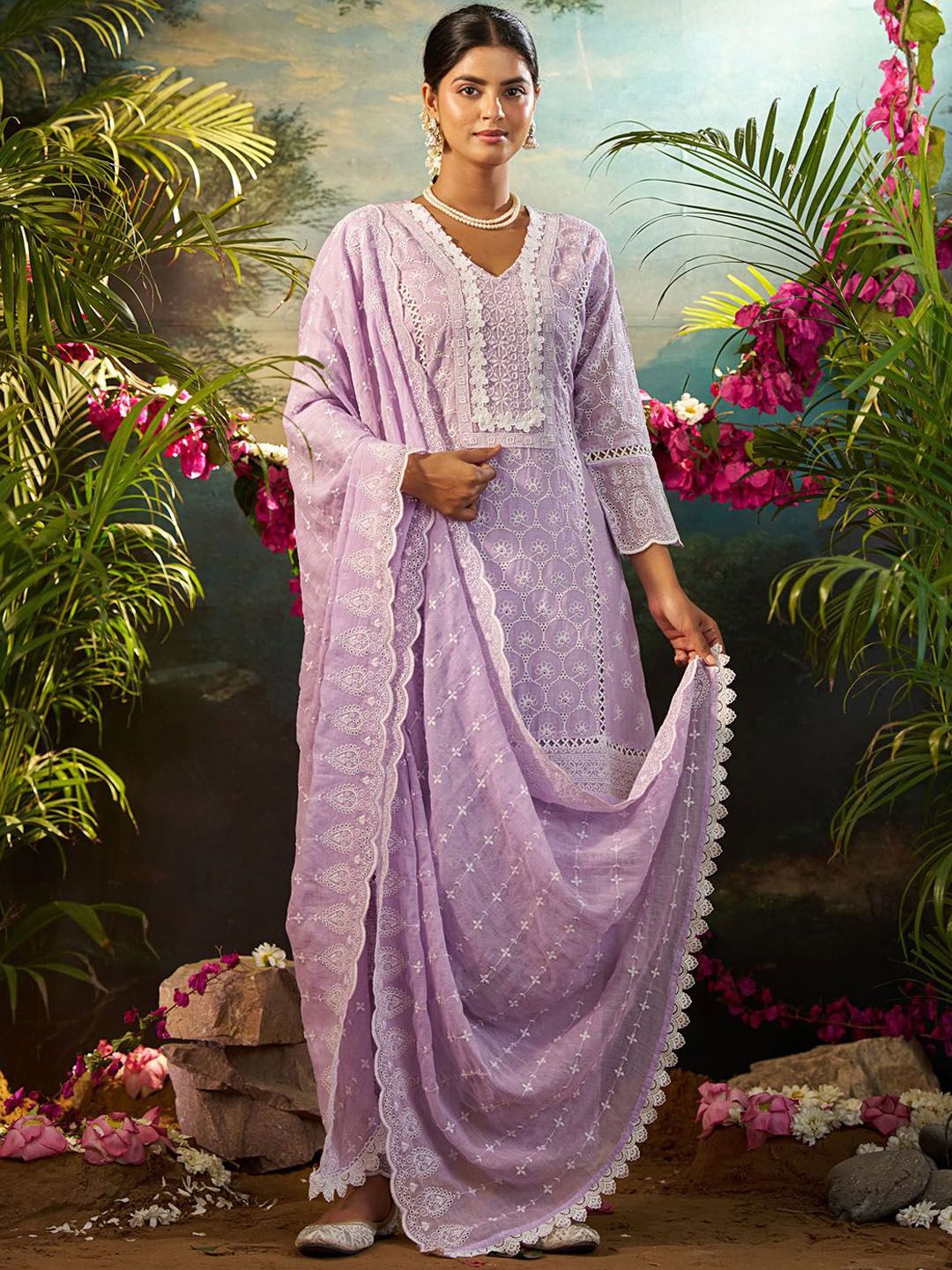 Women Ethnic Motifs Embroidered Cotton Kurta with Trousers & Dupatta