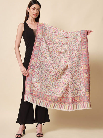 Dhiyona PA Women White & Pink Woven-Design Shawl