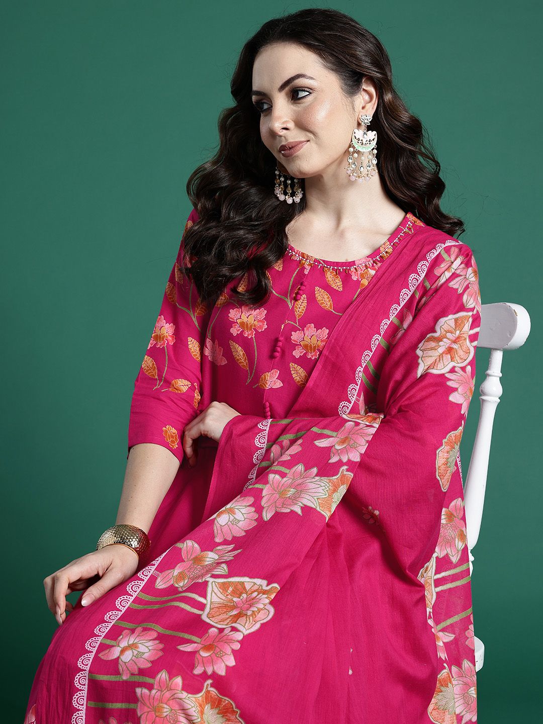 Dhiyona IE Floral Printed Regular Pure Cotton Kurta with Trousers & Dupatta