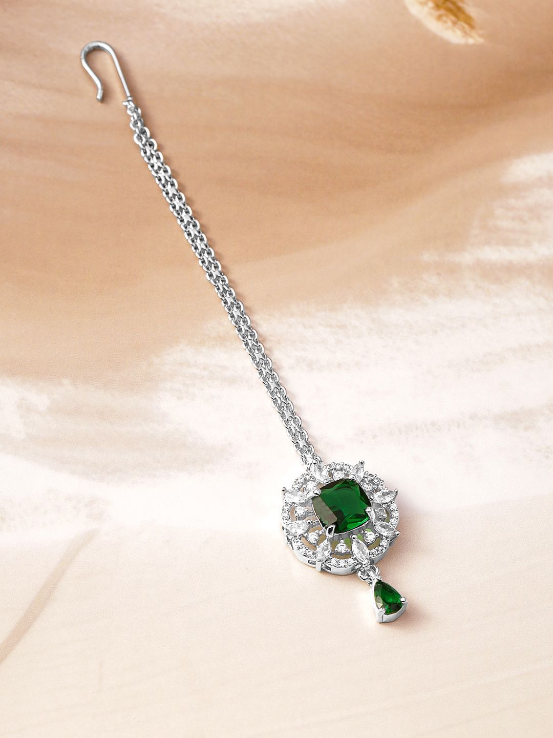 Dhiyona RJ Women's Rhodium-Plated Emerald Green & Cubic Zirconia Studded Maang Tikka