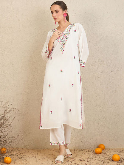Dhiyona IE Floral Embroidered Thread Work Pure Cotton Straight Kurta With Trousers & Dupatta