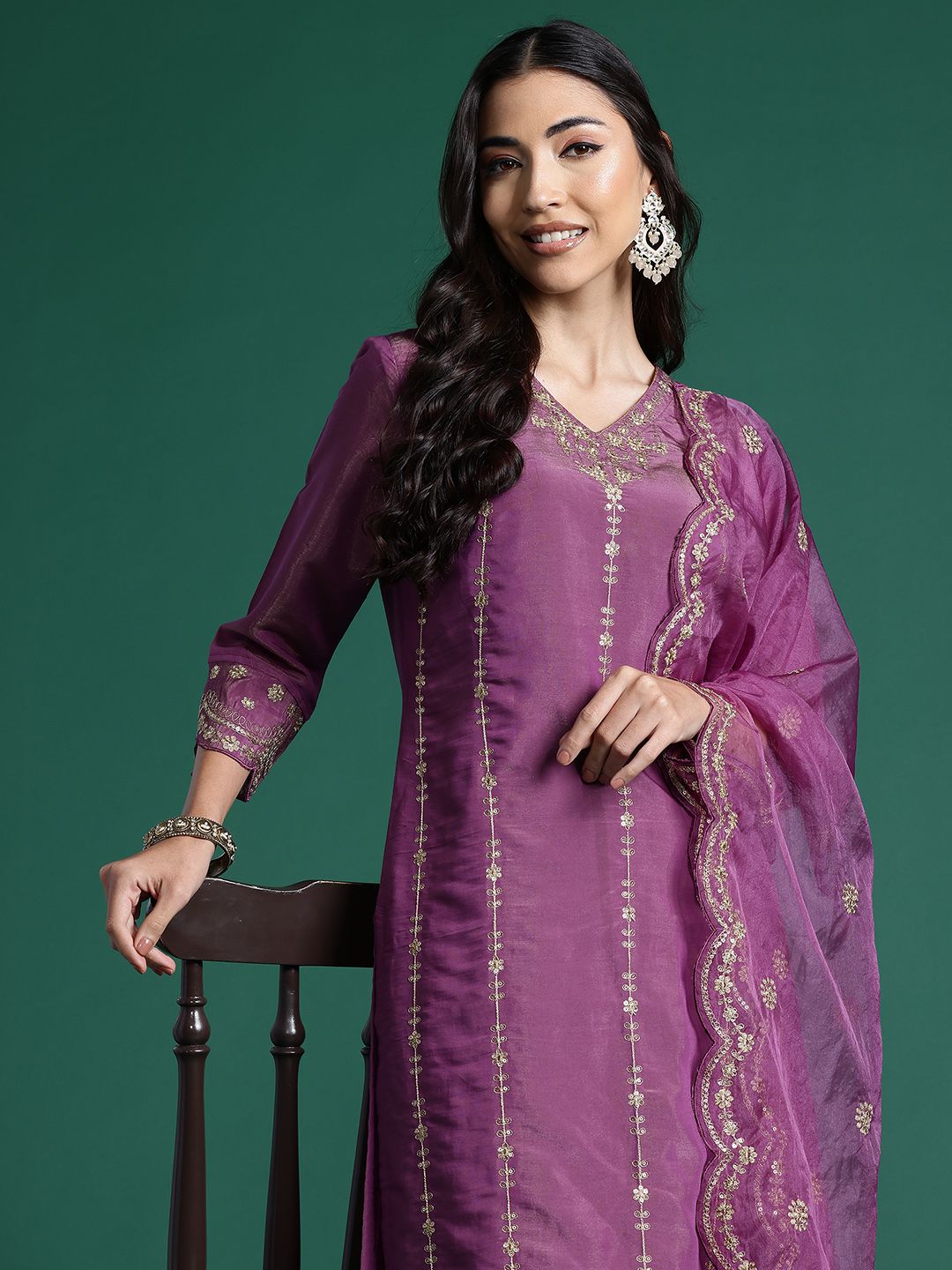 Dhiyona IE Floral Embroidered Kurta With Trousers & Dupatta