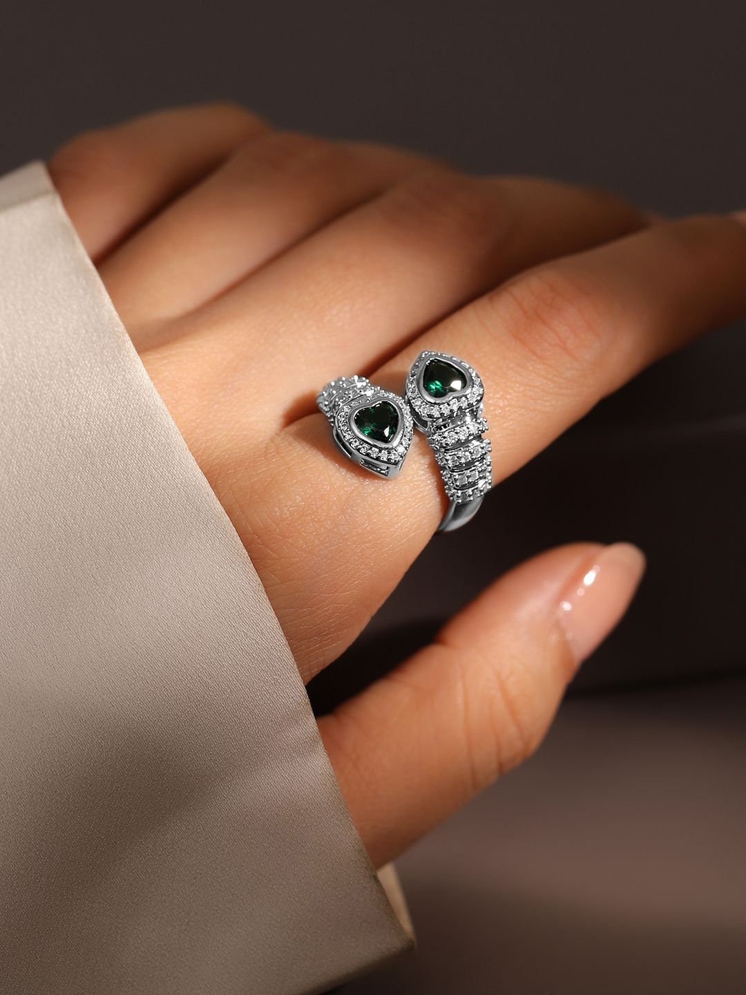 Dhiyona RJ Women's Rhodium Plated Emerald & Cubic Zirconia Studded Demi Fine Heart Motif Openable Ring