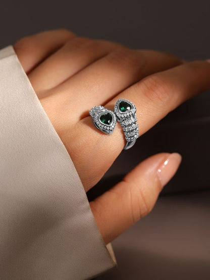 Dhiyona RJ Women's Rhodium Plated Emerald & Cubic Zirconia Studded Demi Fine Heart Motif Openable Ring