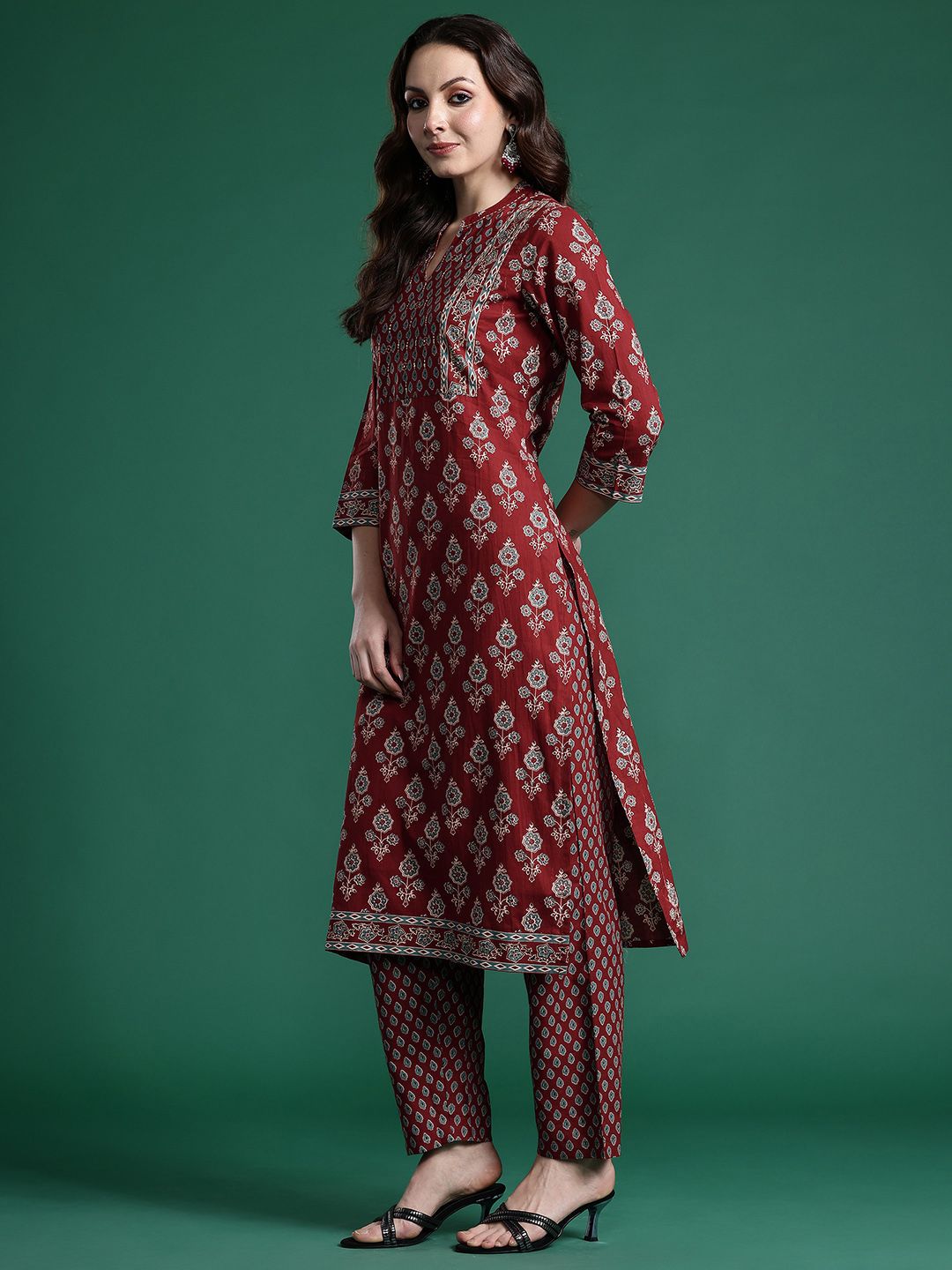 Dhiyona IE Ethnic Motifs Printed Pure Cotton Kurta with Trousers