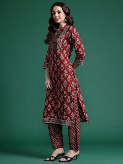 Dhiyona IE Ethnic Motifs Printed Pure Cotton Kurta with Trousers