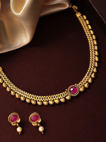 Dhiyona RJ Women's Gold-Plated Ruby Studded & Pearl Drops Handcrafted Jewellery Set