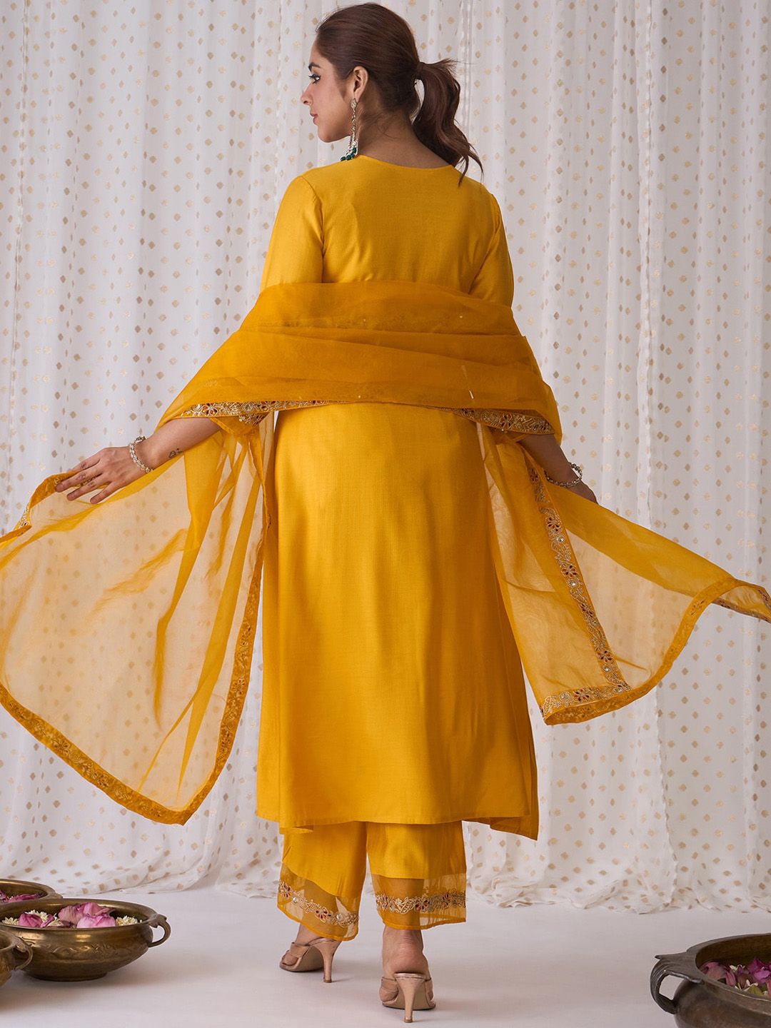 Dhiyona IE Floral Embroidered Empire Liva A-Line Kurta With Palazzo & Dupatta