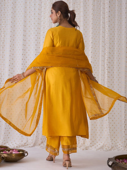 Dhiyona IE Floral Embroidered Empire Liva A-Line Kurta With Palazzo & Dupatta