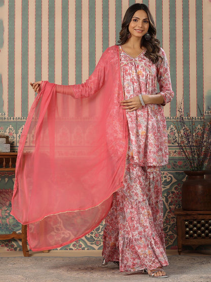 Dhiyona IS Women's Floral Printed V-Neck Gotta Patti Pure Cotton Kurta with Sharara & With Dupatta