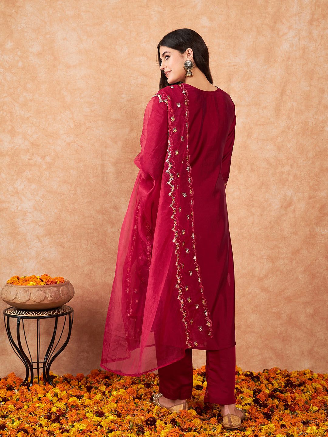 Dhiyona IE Embroidered A-Line Kurta With Trousers & Dupatta