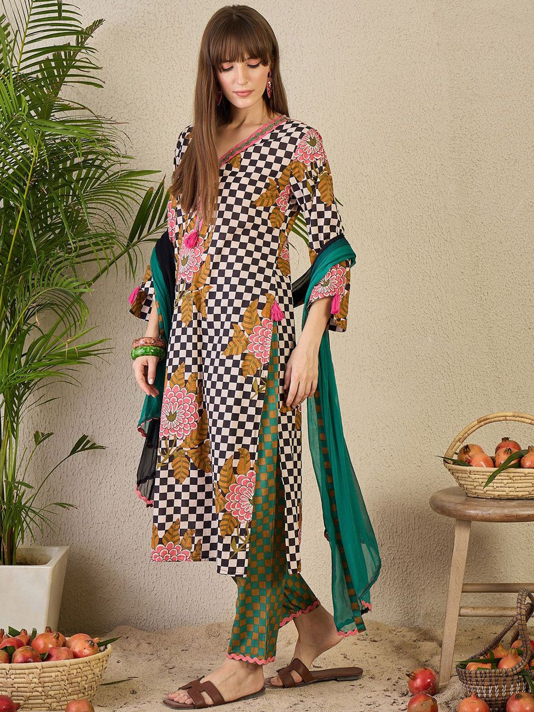 Adults-Women Checked Cotton Kurta with Trousers & Dupatta