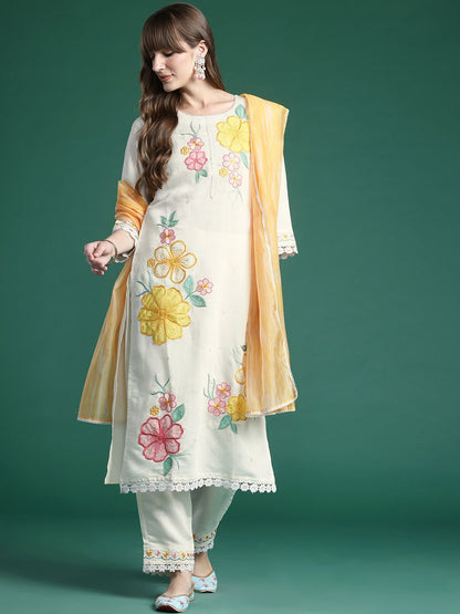 Floral Embroidered Thread Work Kurta with Trousers & With Dupatta