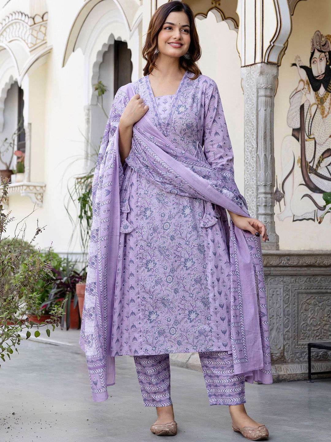 Dhiyona IE Floral Printed Panelled Square Neck Pure Cotton Kurta With Trousers & Dupatta