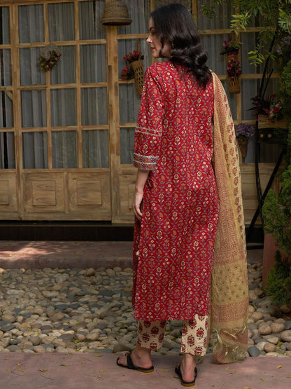 Dhiyona SN Women's Maroon Floral Printed Angrakha Pure Cotton Kurta with Trousers & Dupatta