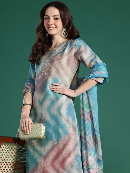 Dhiyona IE Floral Embroidered Sequinned Kurta with Trousers & With Dupatta