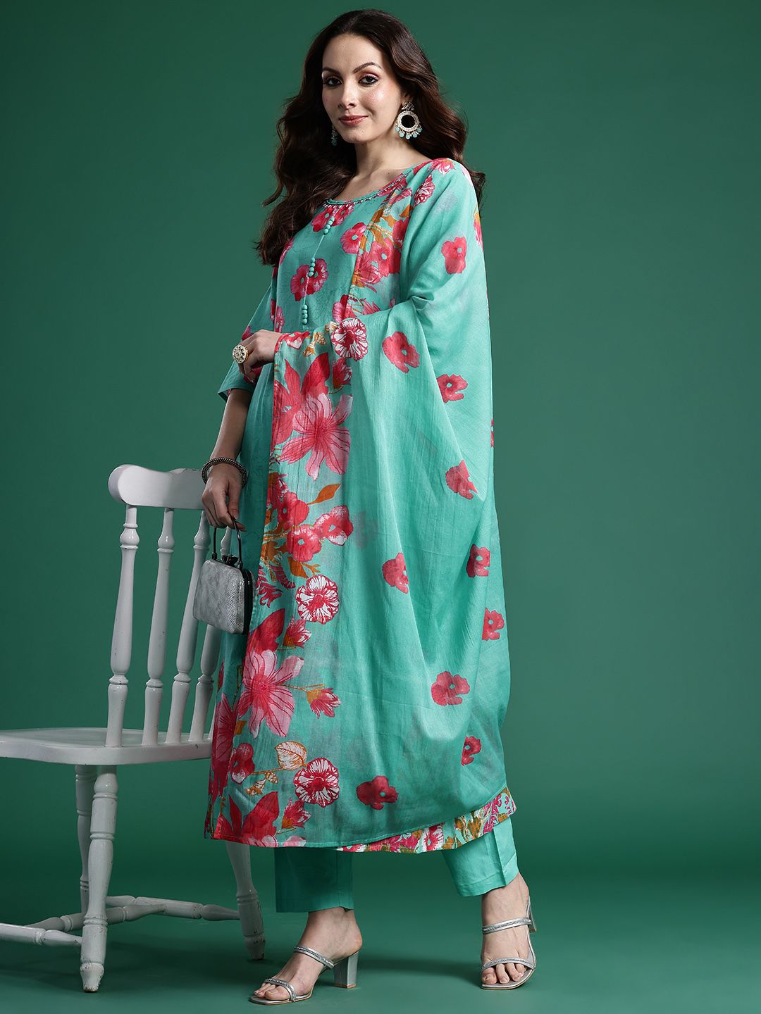 Dhiyona IE Floral Printed Pure Cotton Kurta with Trousers & Dupatta