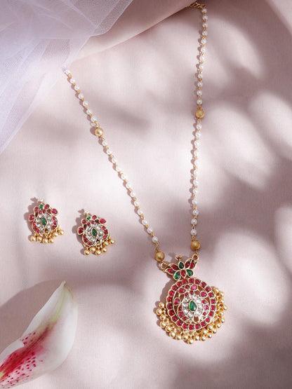 Dhiyona RJ Women's 22K Gold-Plated Ruby & Emerald Kundan Studded and White Pearls Beaded Jewelery Set