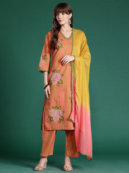 Striped Beads & Stones Pure Cotton Kurta With Trousers & Dupatta