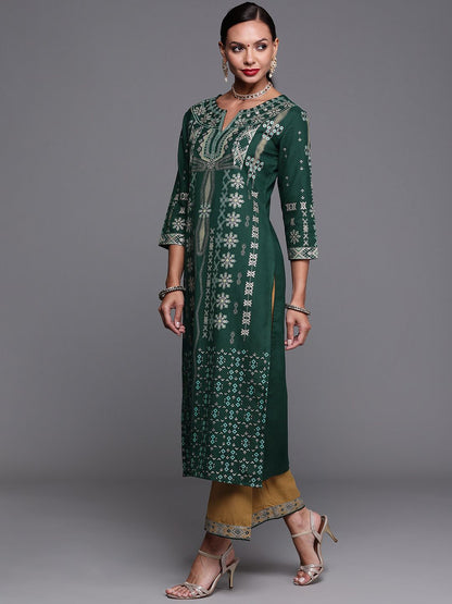 Dhiyona IE Women Green & Grey Ethnic Motifs Foil Print Regular Kurta with Palazzos